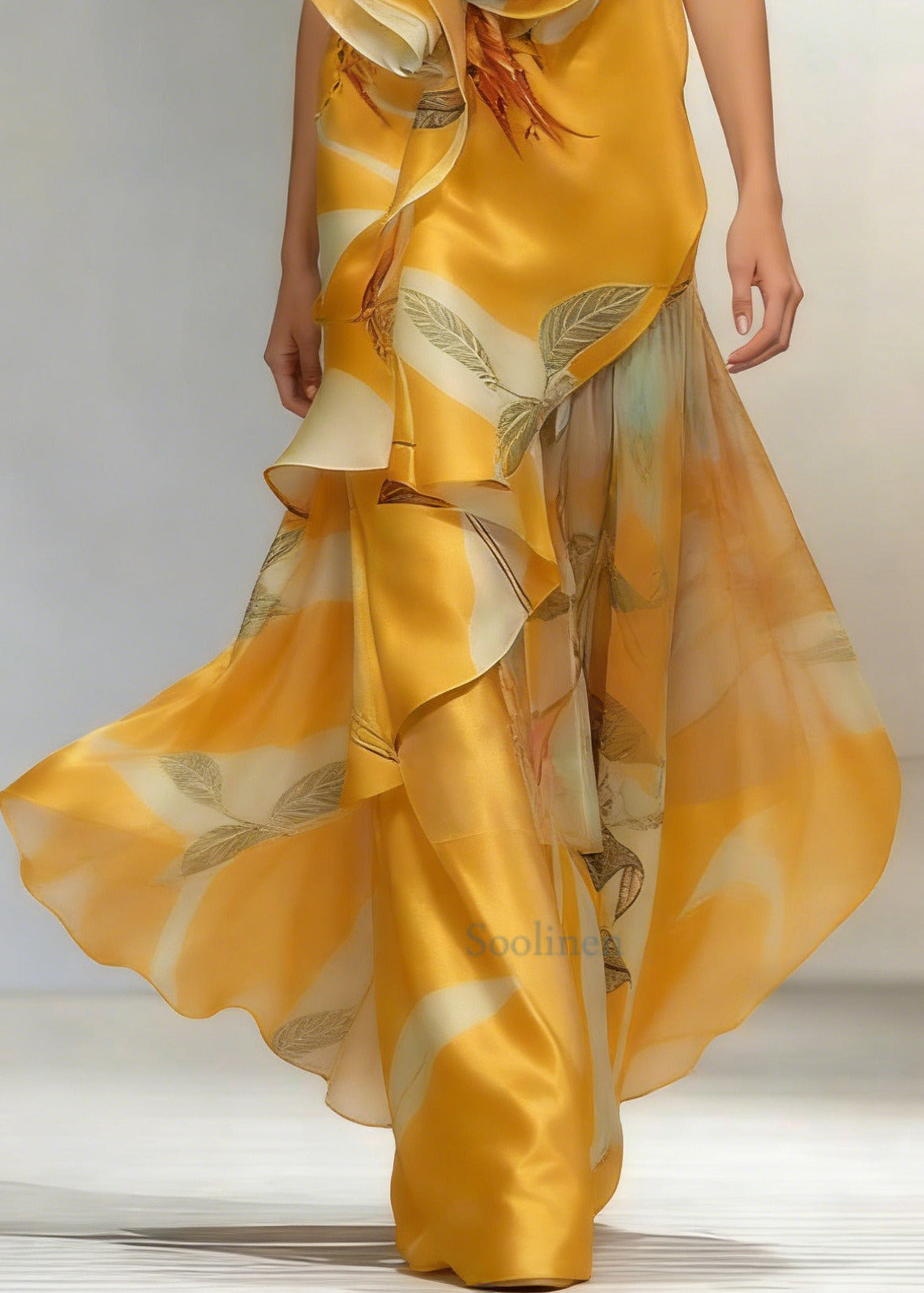 Elegant Floral Flounce Oblique Collar Evening Dresses