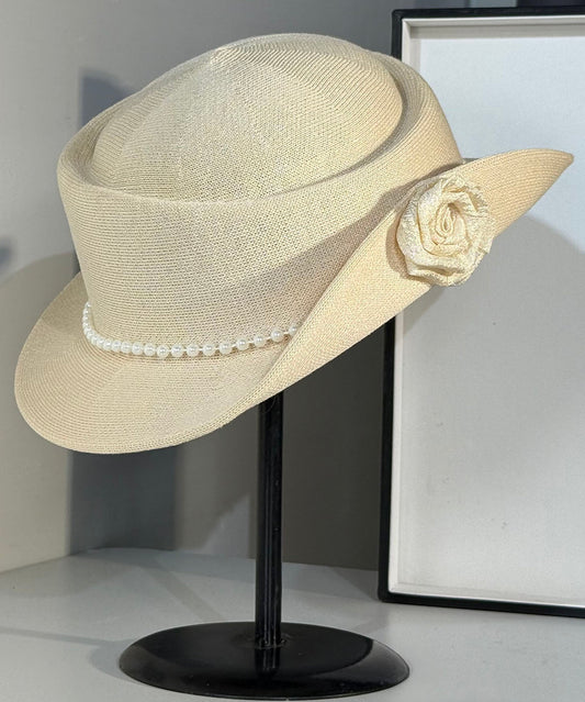 Elegant French Beige Breathable Flower Pearl Cloche Hat