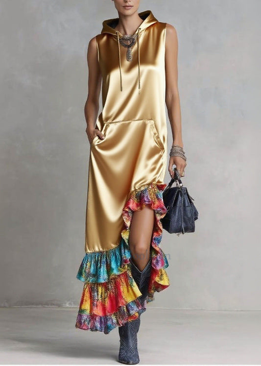 Elegant Golden Asymmetrical Patchwork Ruffles Silk Hooded Dresses Sleeveless