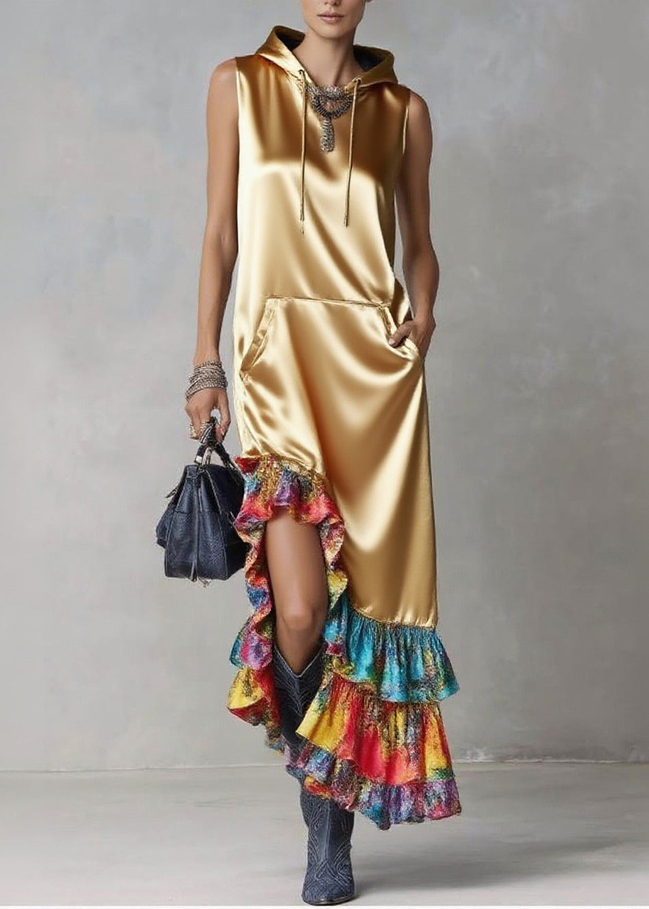 Elegant Golden Asymmetrical Patchwork Ruffles Silk Hooded Dresses Sleeveless