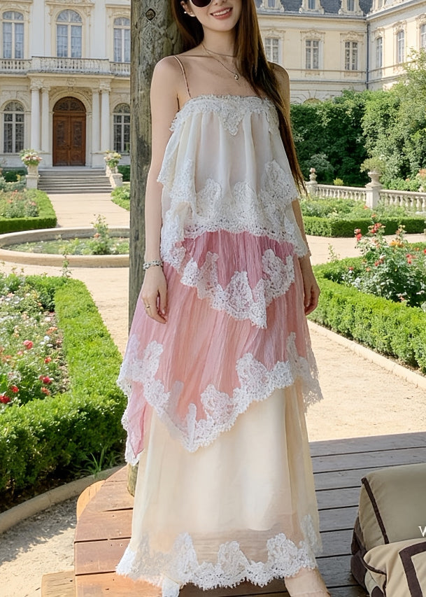 Elegant Gradient Pink Patchwork Lace Holiday Cami Dress Summer