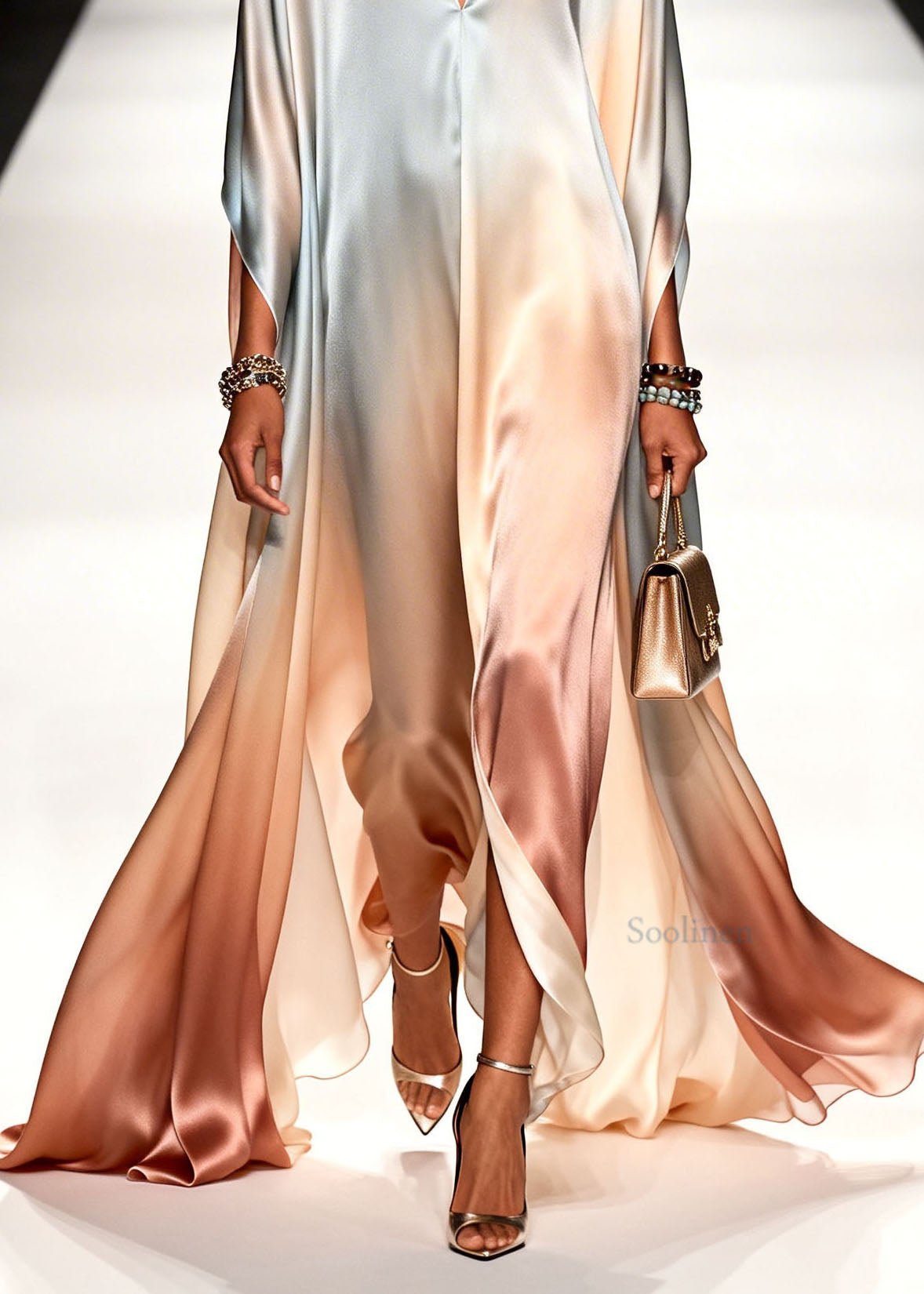 Elegant Gradient color V Neck Chiffon Ankle Dress Summer