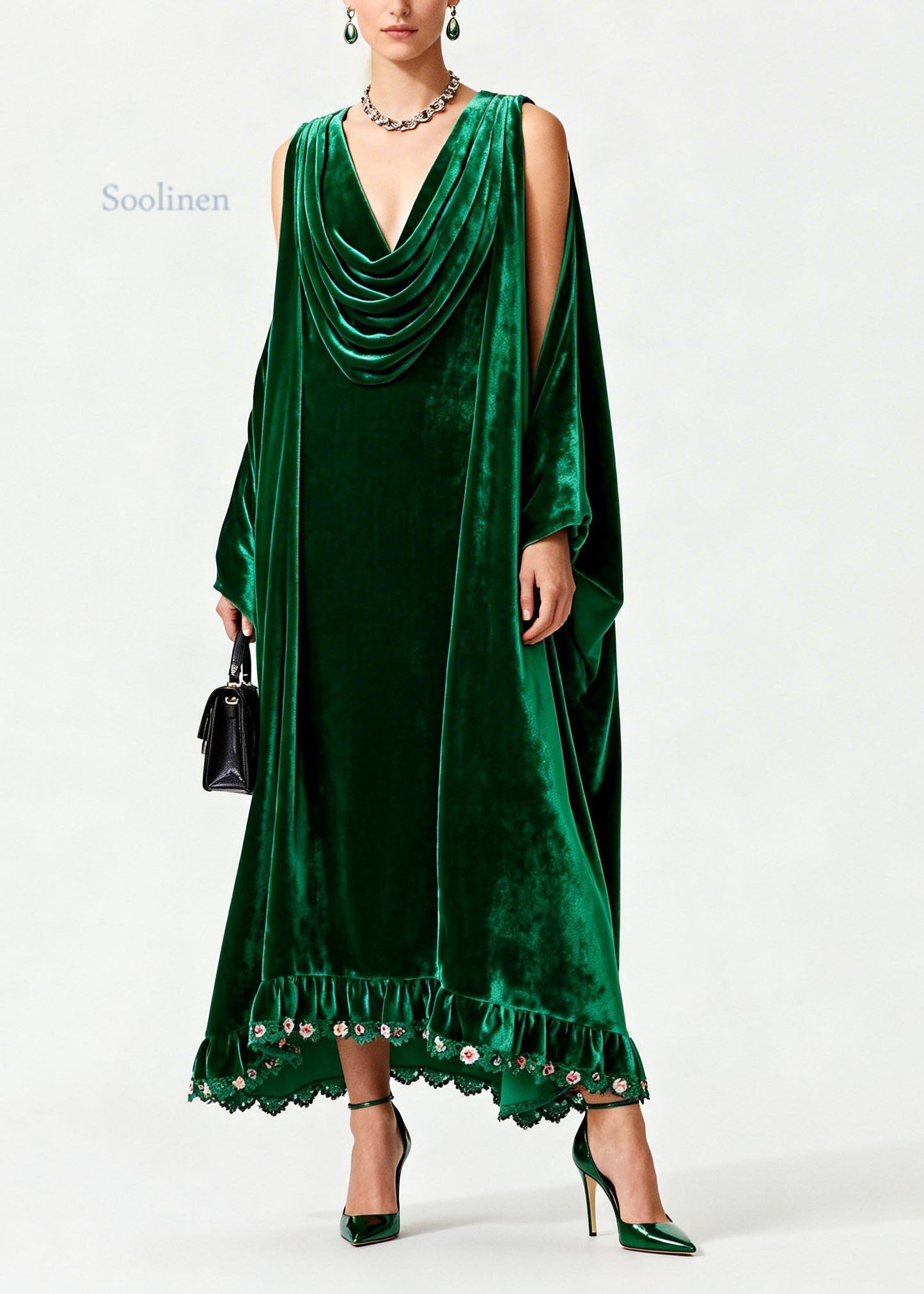 Elegant Green Draped Neckline Patchwork Velvet Dress Fall