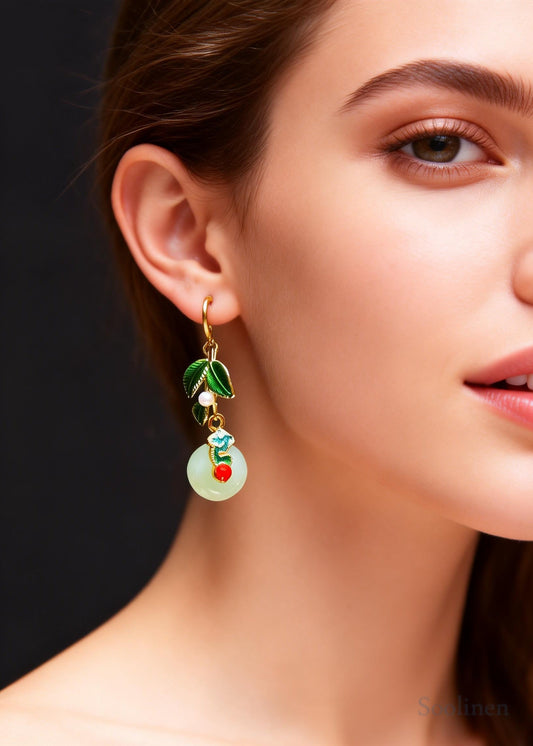 Elegant Green Leaf Metal Fine Circular Jade Drop Earrings