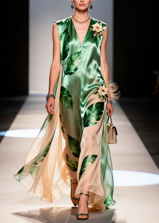 Elegant Green Leaf Print Handmade Flower Chiffon Dresses Sleeveless