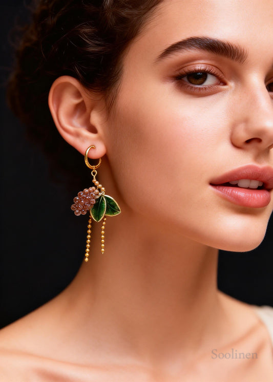 Elegant Green Leaves Grapes Tassels Drop Earrings