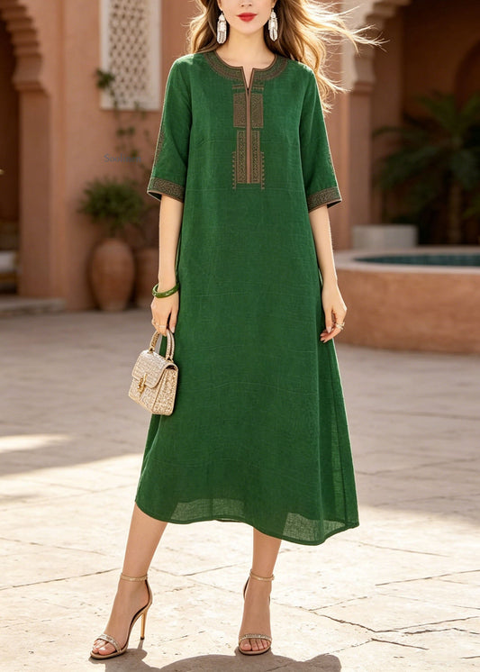 Elegant Green O-Neck Embroidered Silk Dress Summer