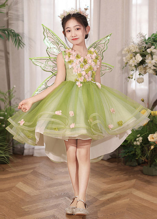 Elegant Green Patchwork Low High Design Tulle Kids Maxi Dresses Summer