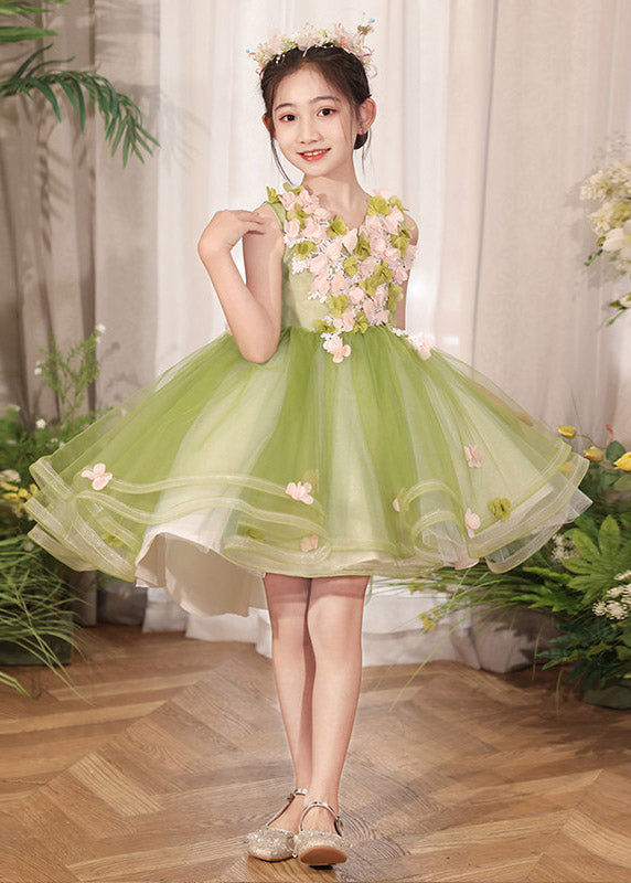 Elegant Green Patchwork Low High Design Tulle Kids Maxi Dresses Summer