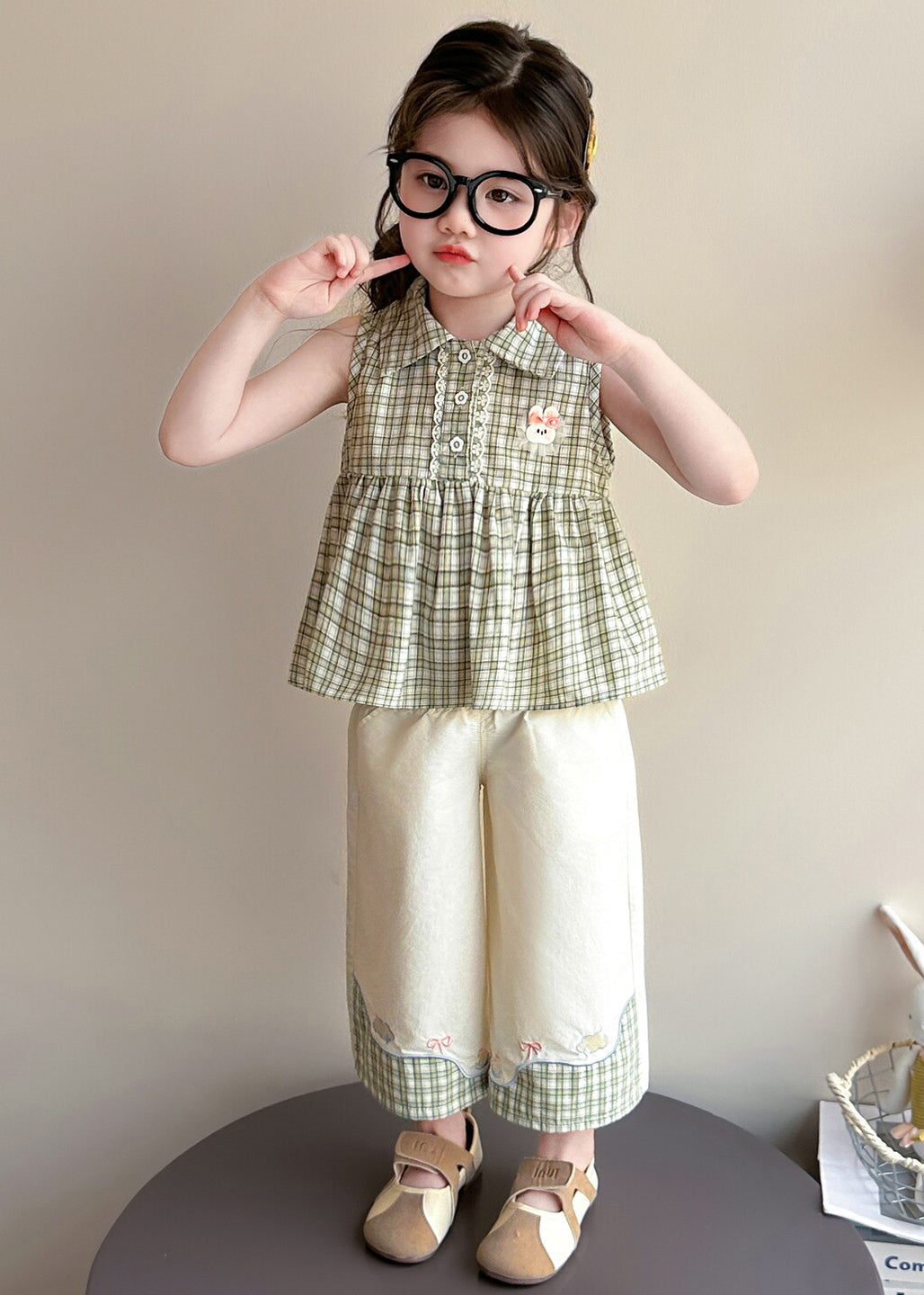 Elegant Green Peter Pan Collar Plaid Cotton Baby Girls Two Pieces Set Summer