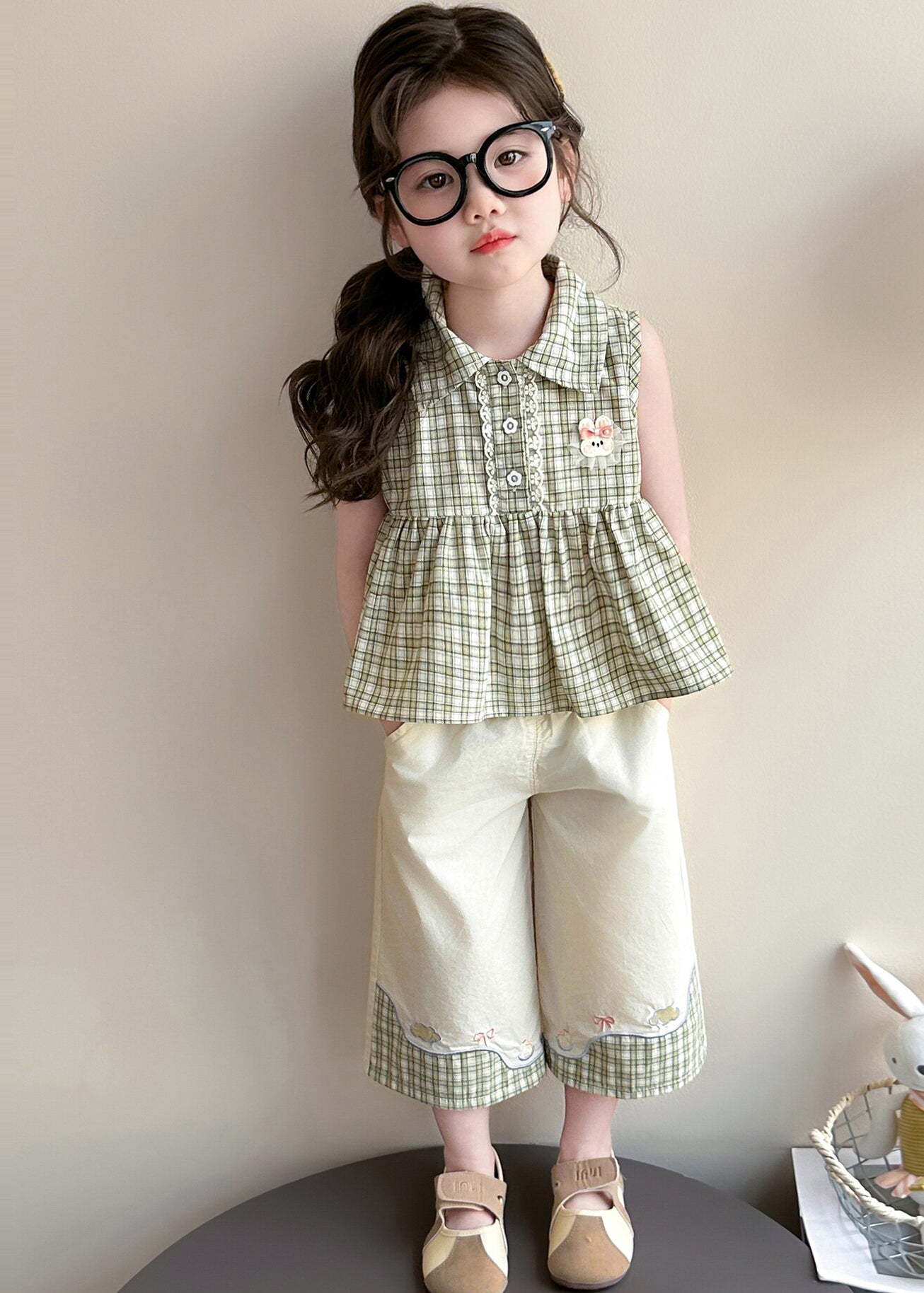 Elegant Green Peter Pan Collar Plaid Cotton Baby Girls Two Pieces Set Summer