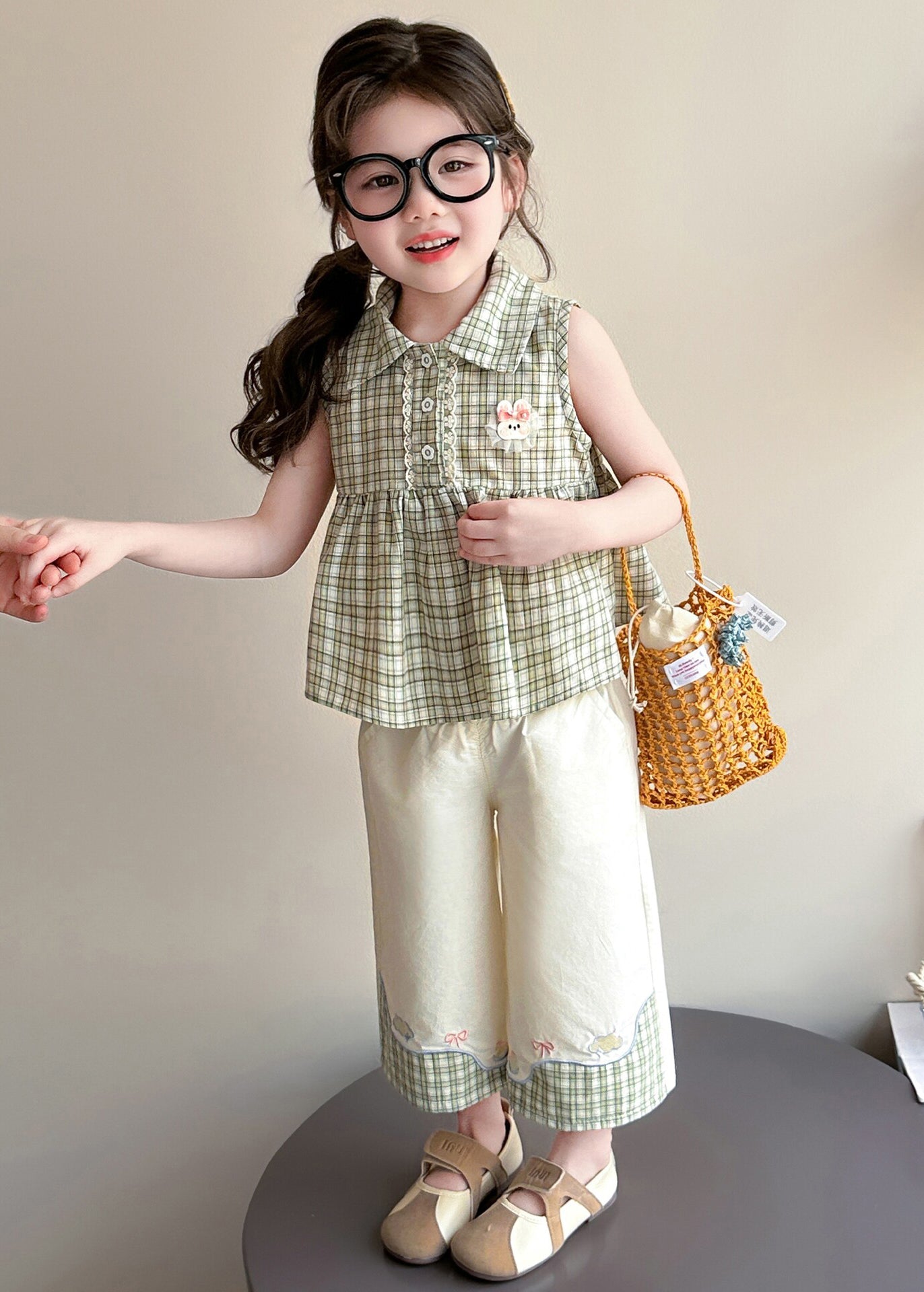 Elegant Green Peter Pan Collar Plaid Cotton Baby Girls Two Pieces Set Summer