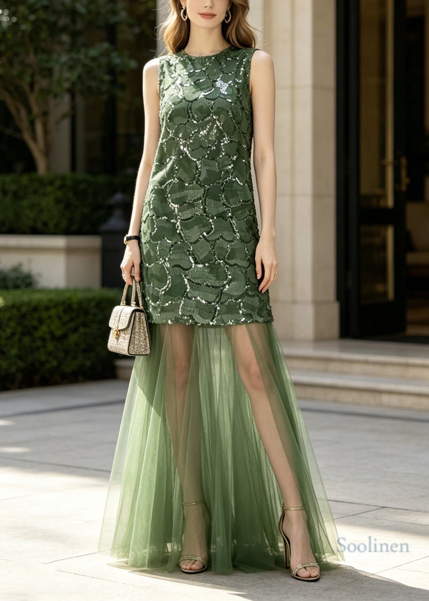 Elegant Green Sequins Patchwork Tulle Maxi Dress Sleeveless