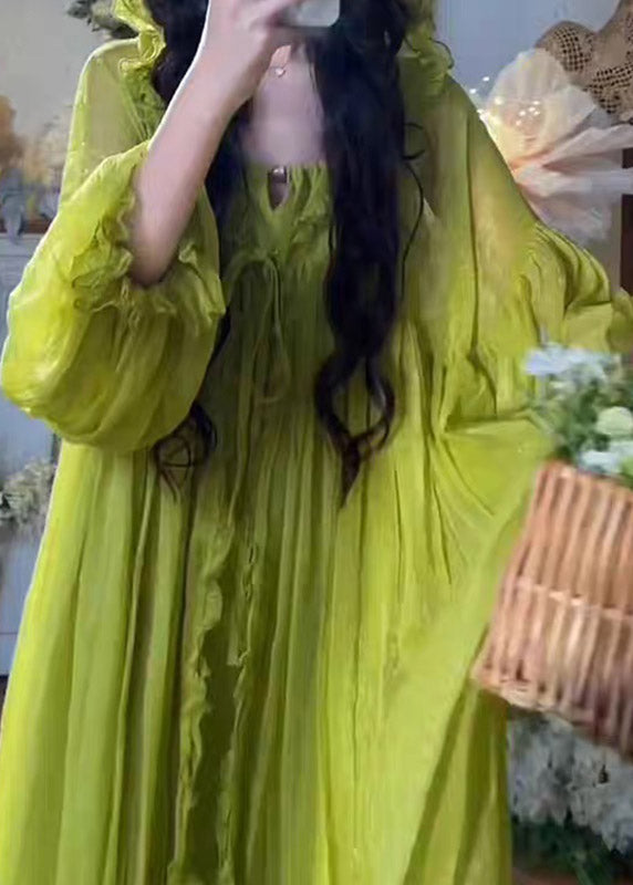 Elegant Green V Neck Ruffled Hooded Chiffon Maxi Dress Spring