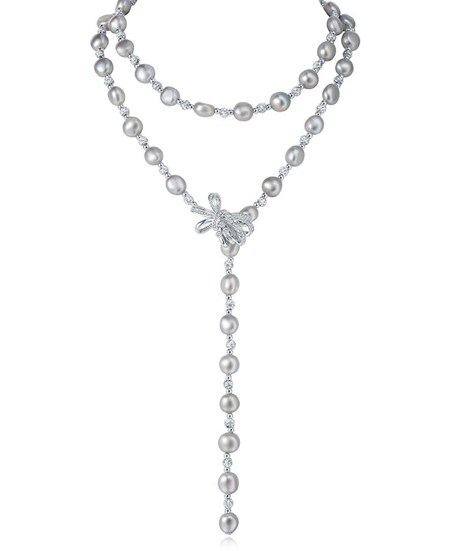 Elegant Grey Bow Multi-layer Pearl Necklace