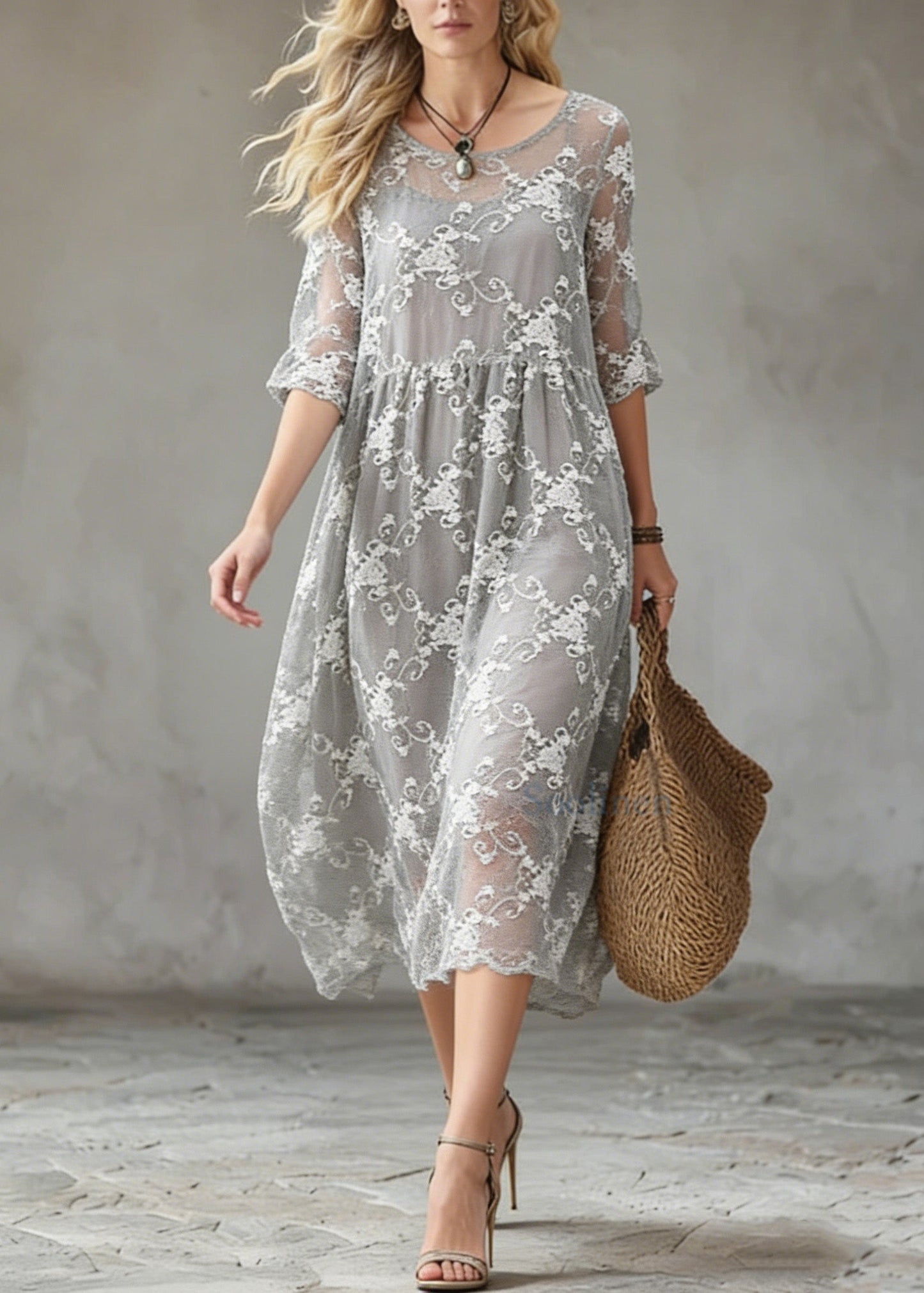 Elegant Grey O-Neck Embroidered Silk Cotton Dress Summer