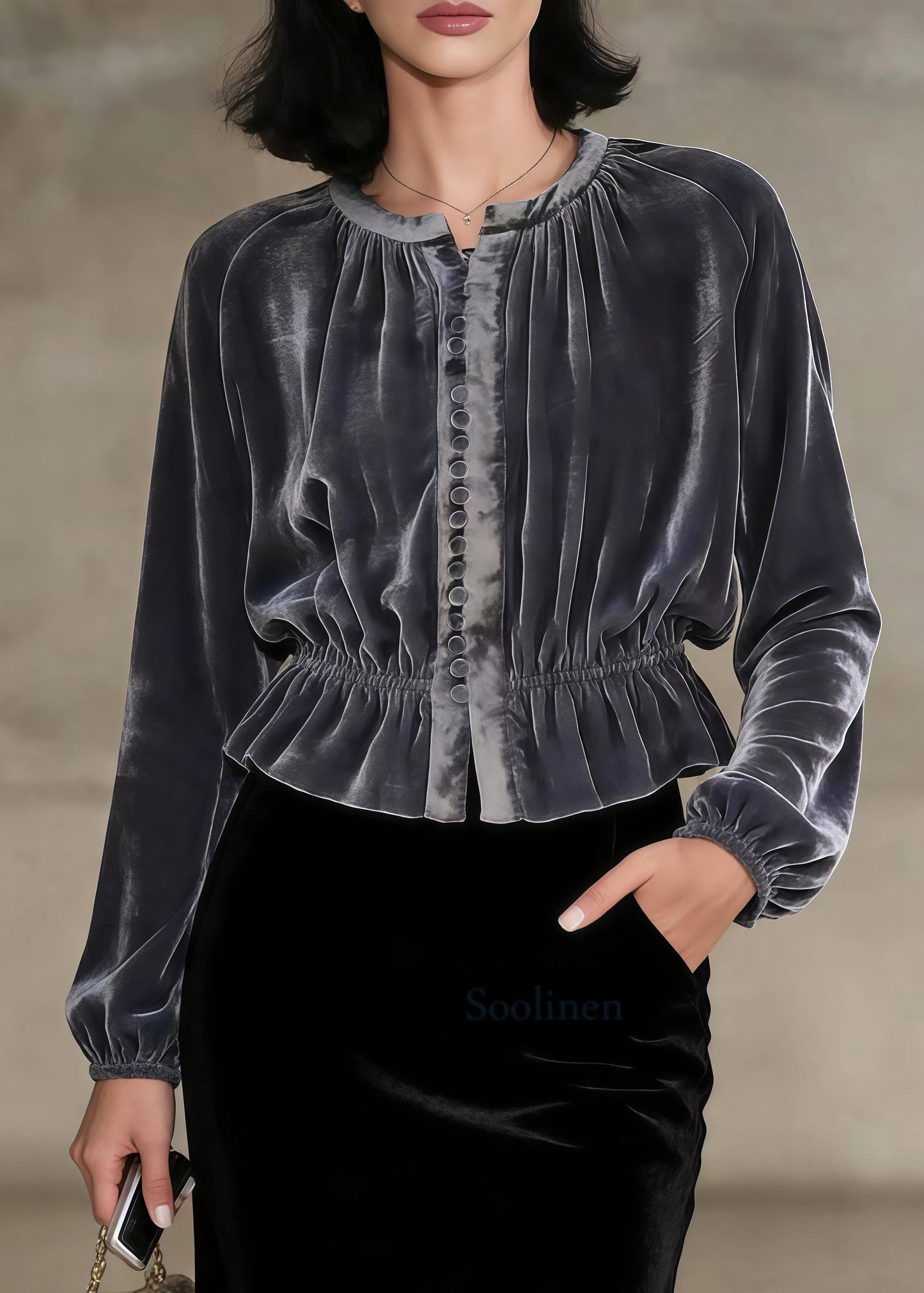 Elegant Grey O-neck Button Silk Velour Tops Spring