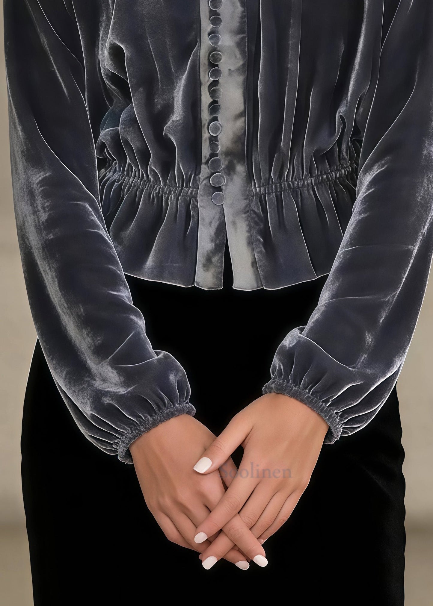 Elegant Grey O-neck Button Silk Velour Tops Spring