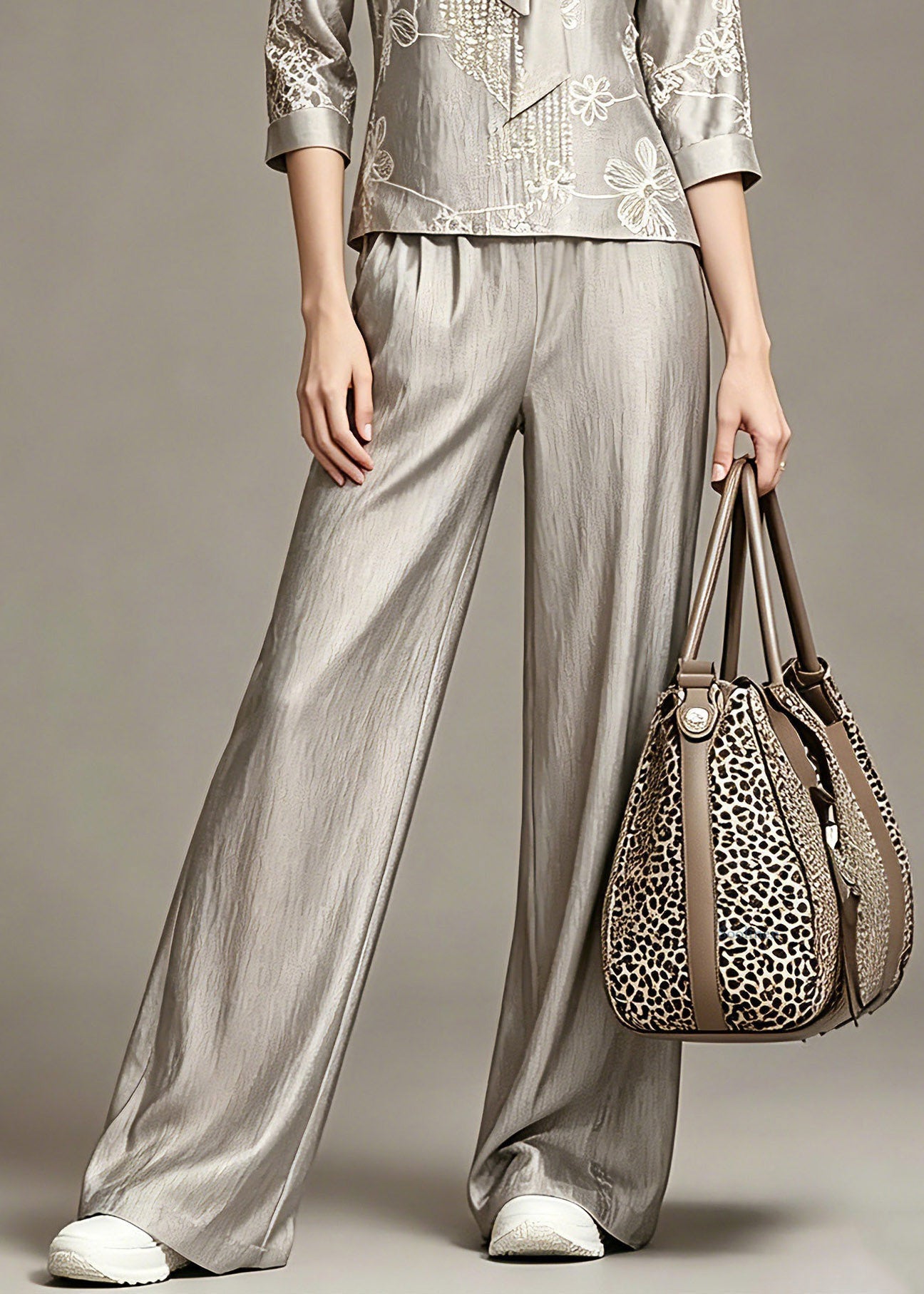 Elegant Grey Print Top And Wide Leg Pants Two Piece Set Spring
