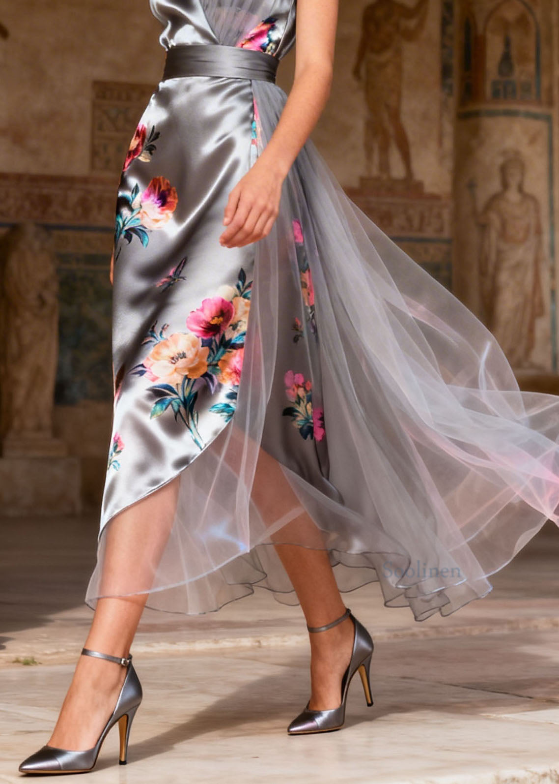 Elegant Grey V Neck Print Tulle Patchwork Silk Dress Summer