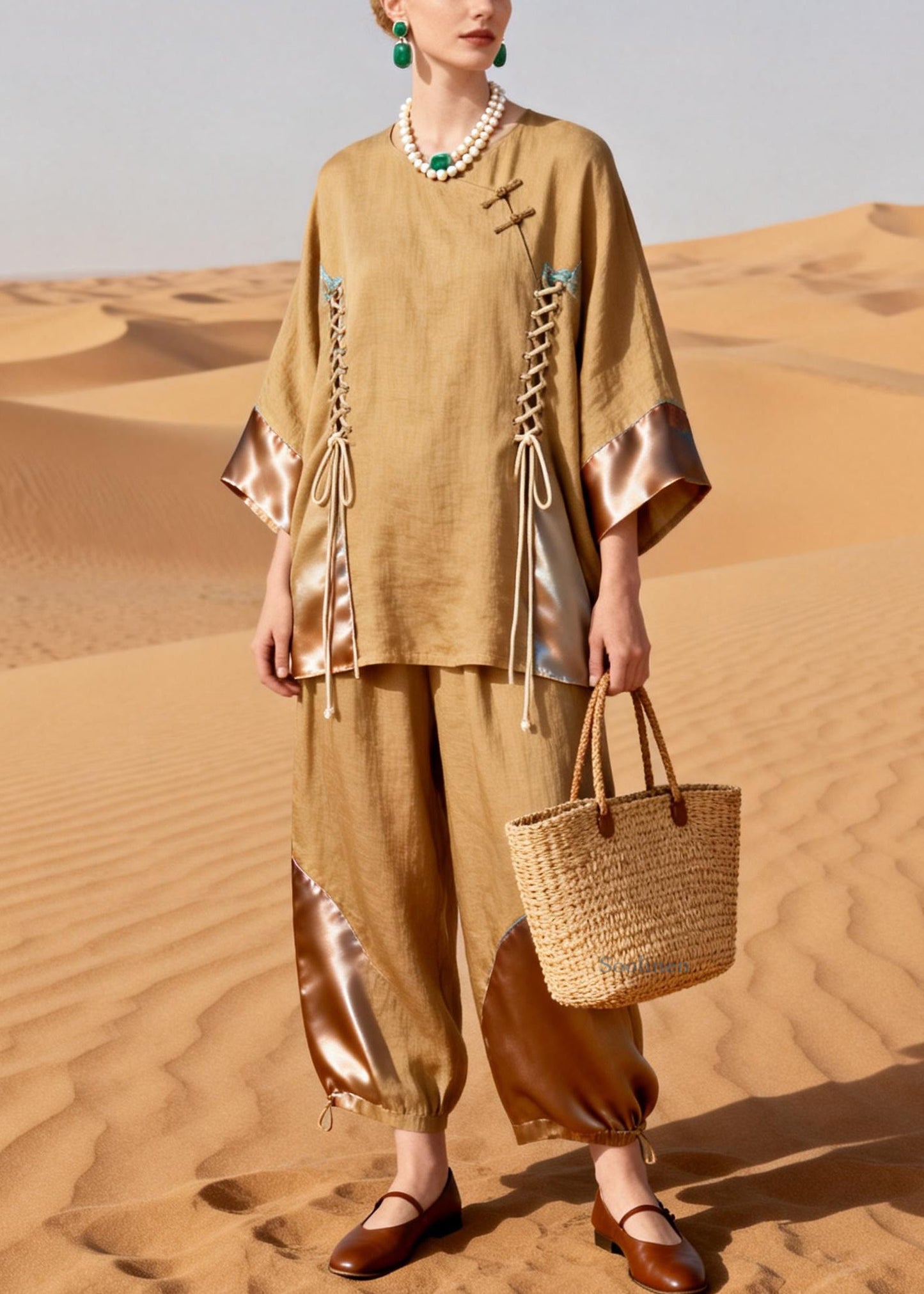 Elegant Khaki O Neck Drawstring Patchwork Shirt And Crop Pants Silk Linen Two Pieces Set