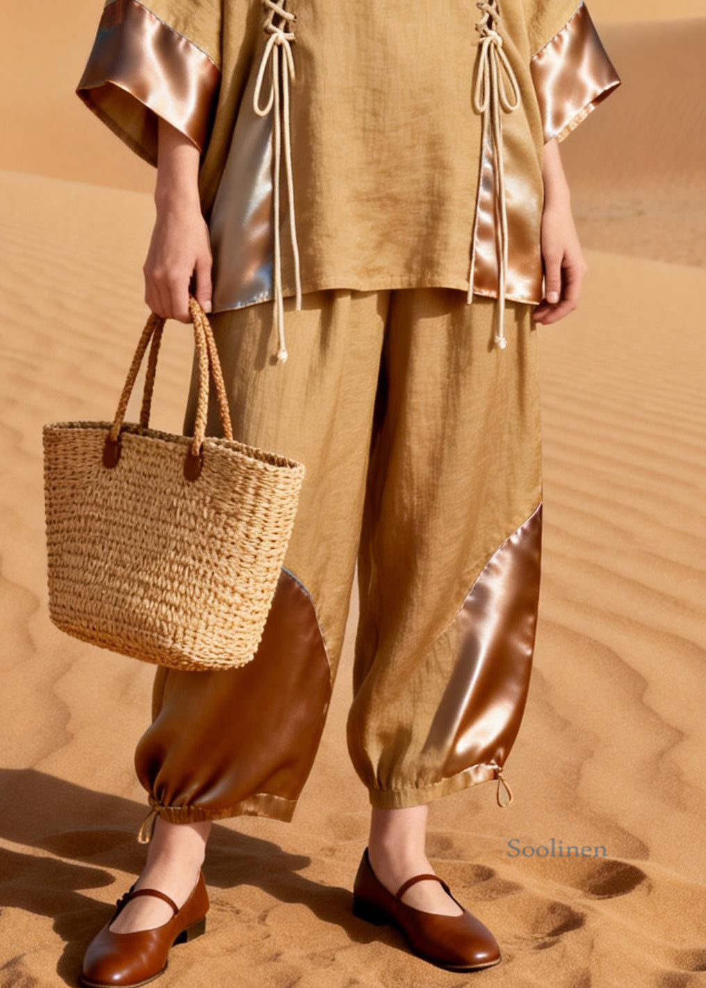 Elegant Khaki O Neck Drawstring Patchwork Shirt And Crop Pants Silk Linen Two Pieces Set