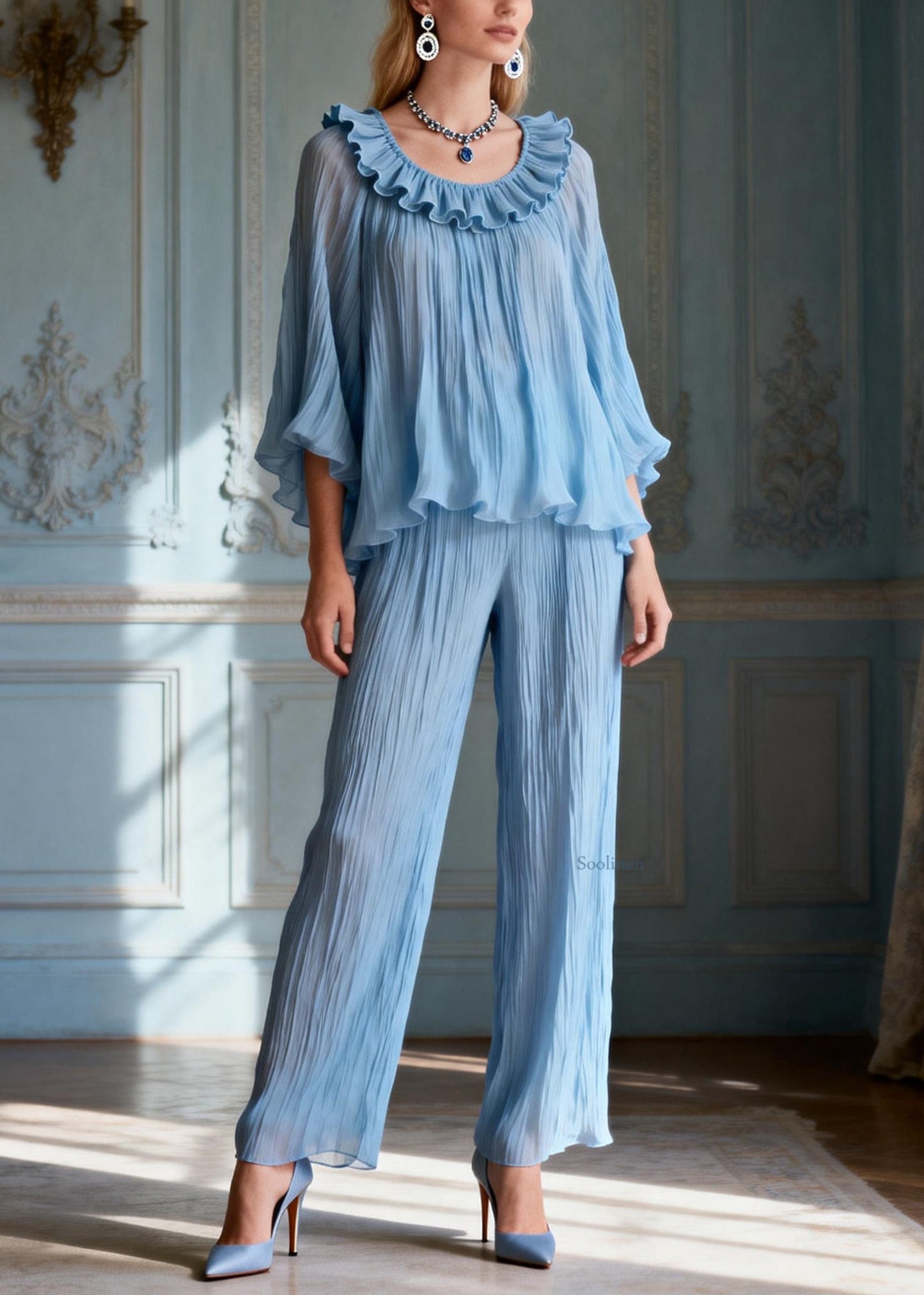 Elegant Light Blue O-Neck Love Heart Ruffled Solid Two Pieces Set Lantern Sleeve