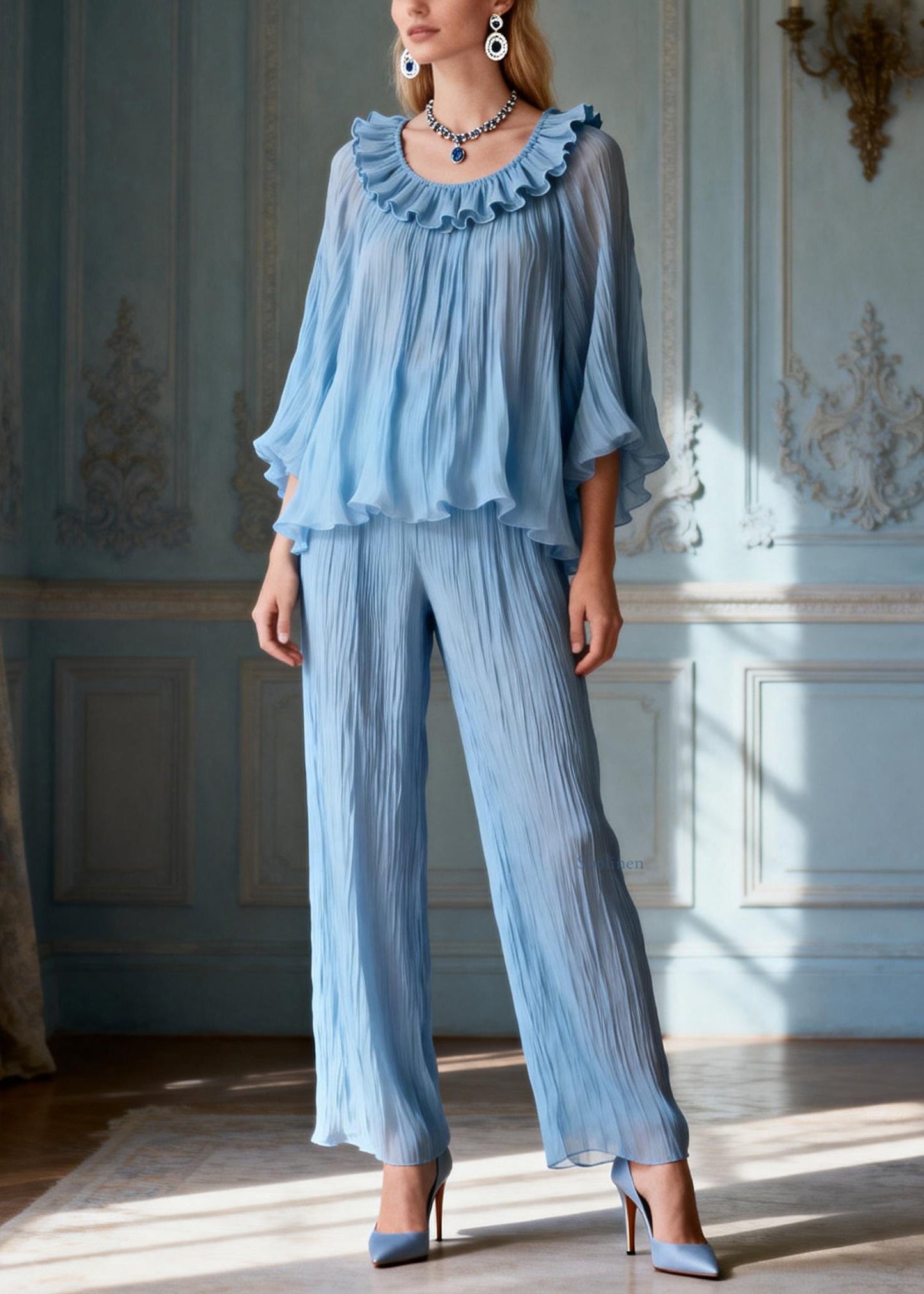 Elegant Light Blue O-Neck Love Heart Ruffled Solid Two Pieces Set Lantern Sleeve