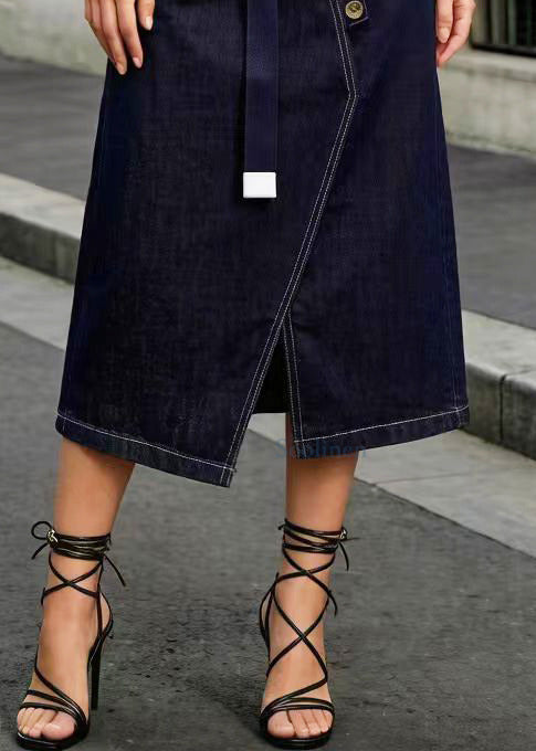 Elegant Navy Asymmetrical Side Open Denim Skirt Summer