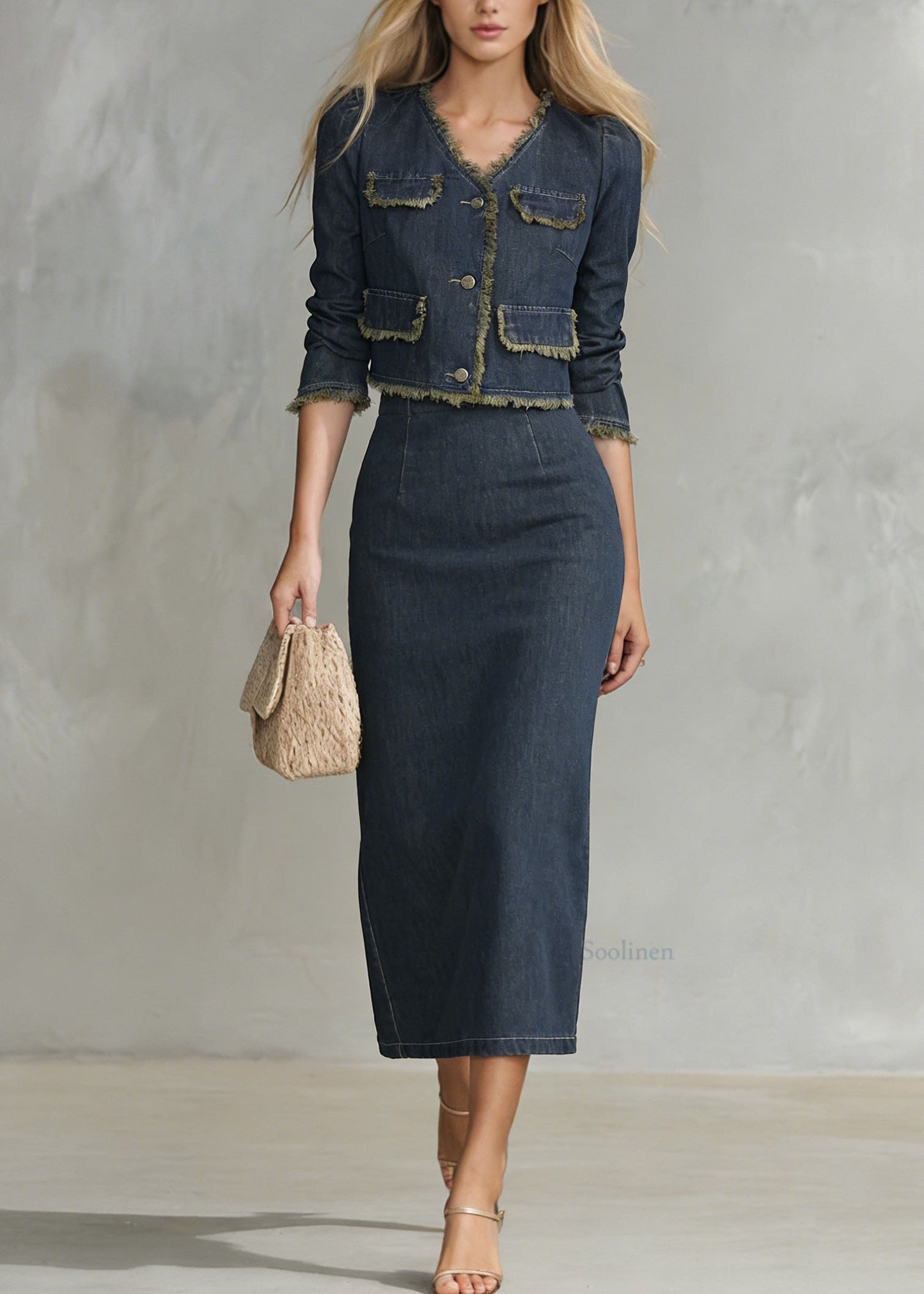 Elegant Navy V Neck Coat And Skirts Denim Two Piece Set Spring