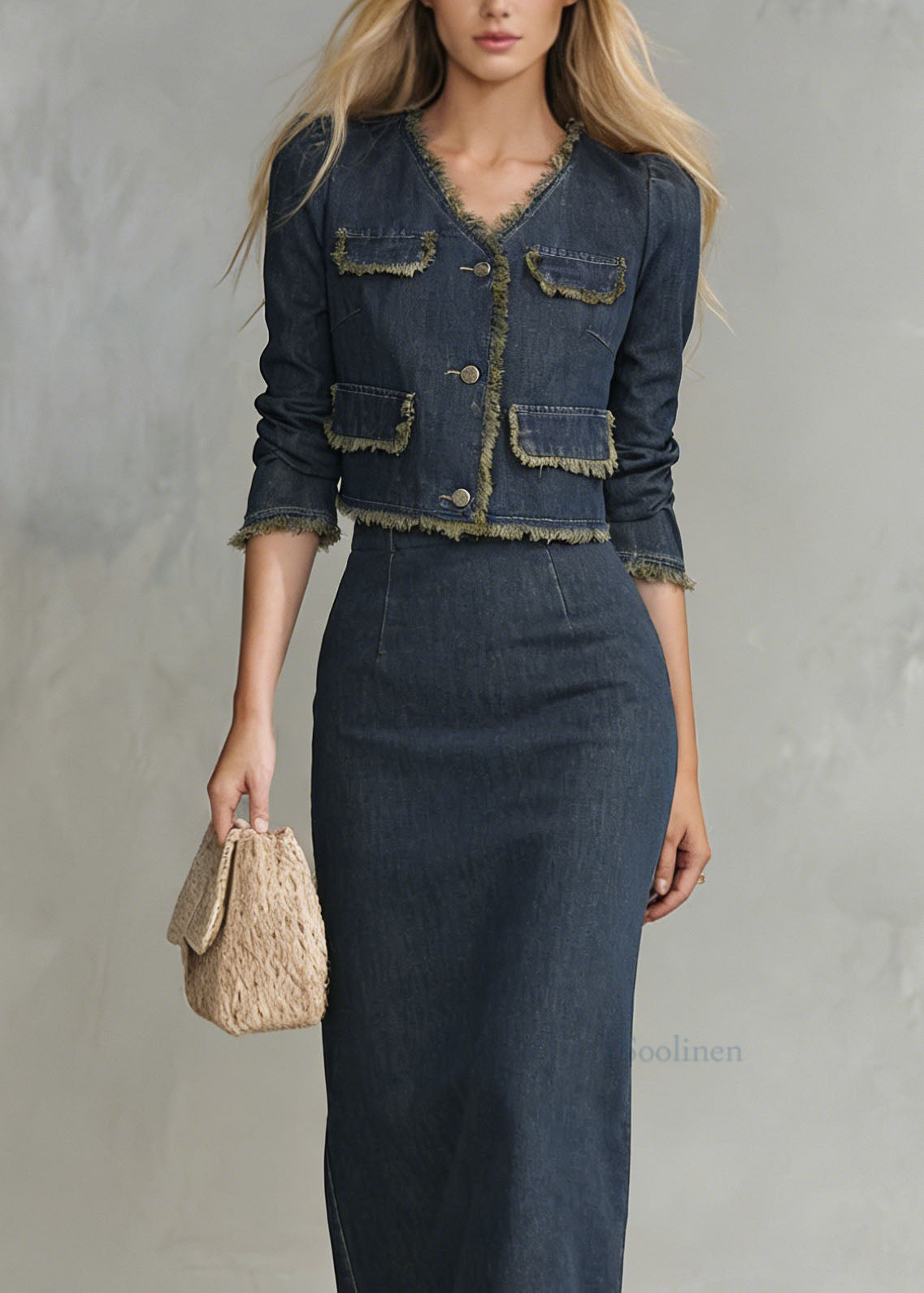 Elegant Navy V Neck Coat And Skirts Denim Two Piece Set Spring