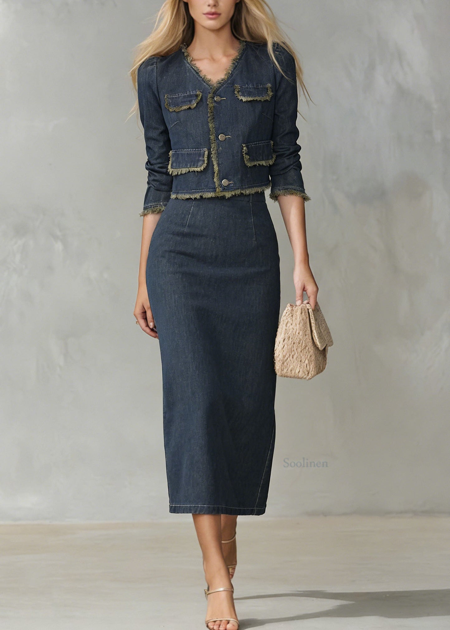 Elegant Navy V Neck Coat And Skirts Denim Two Piece Set Spring
