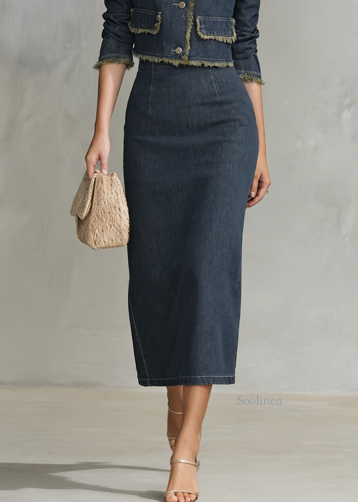 Elegant Navy V Neck Coat And Skirts Denim Two Piece Set Spring