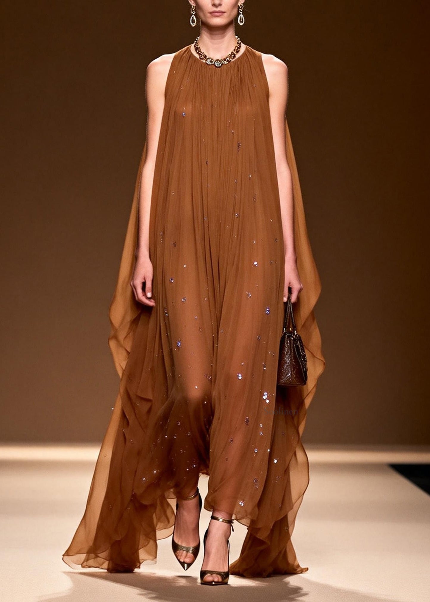 Elegant O Neck Zircon Chiffon Long Dress Sleeveless