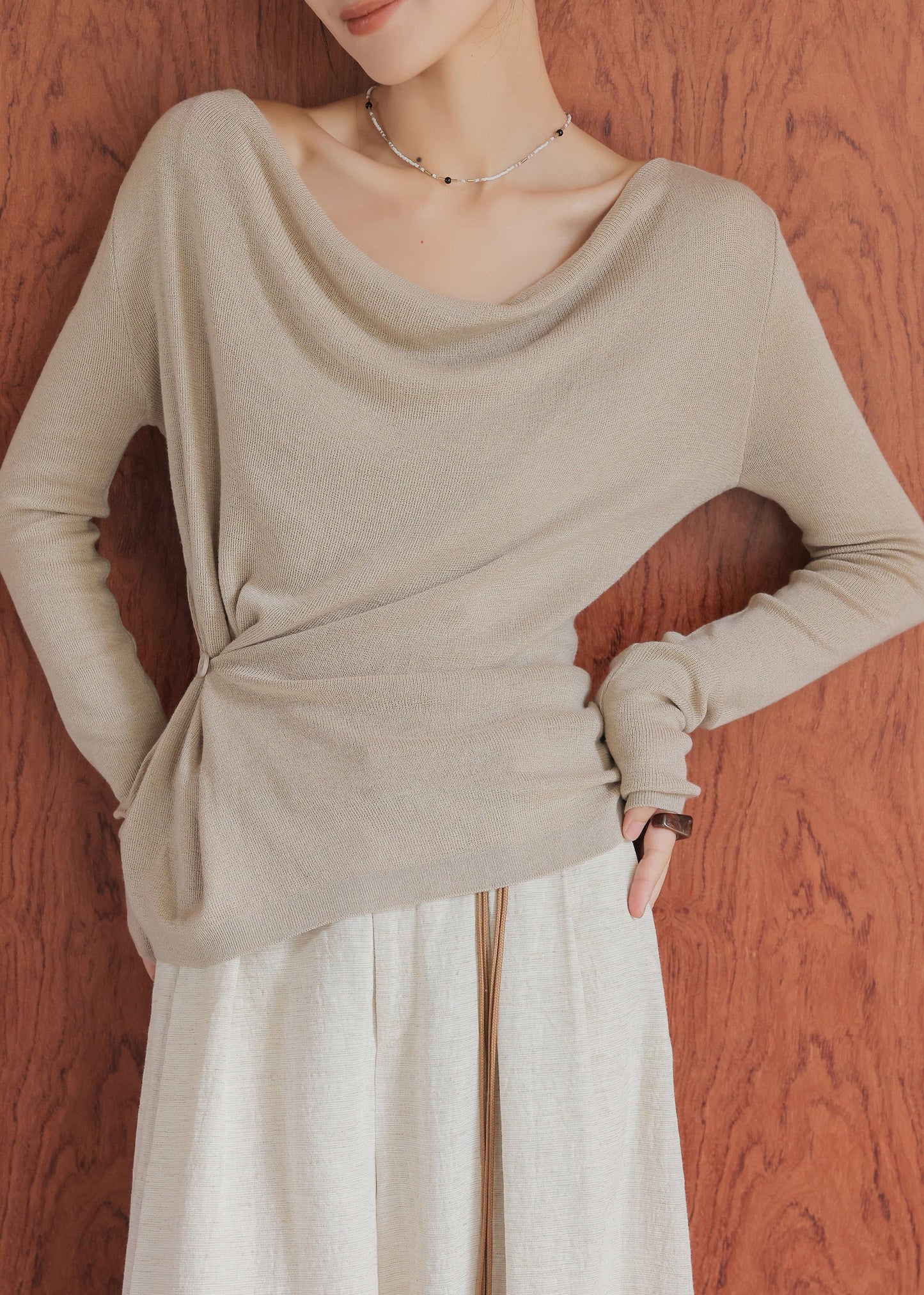 Elegant Oat Colored Collar Wool Knitted Top Spring