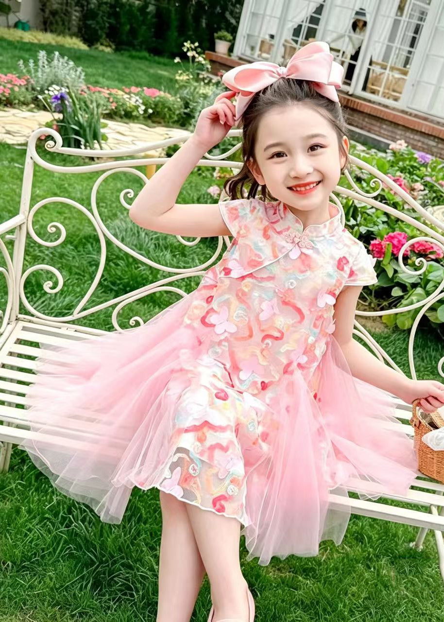 Elegant Pink Butterfly Patchwork Tulle Kids Girls Oriental Dresses Summer