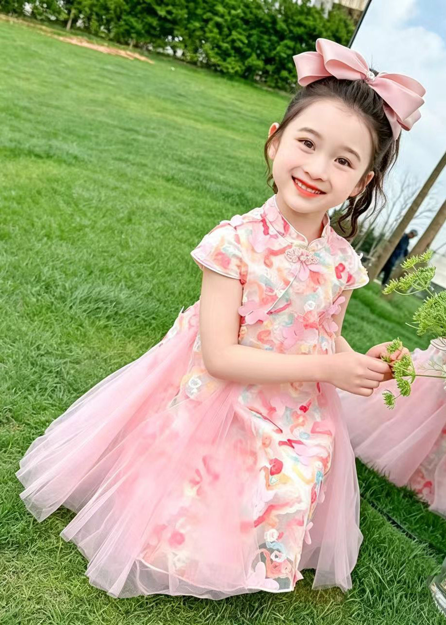 Elegant Pink Butterfly Patchwork Tulle Kids Girls Oriental Dresses Summer