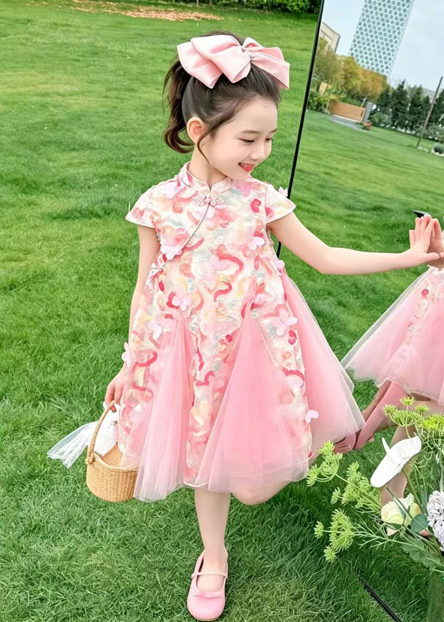 Elegant Pink Butterfly Patchwork Tulle Kids Girls Oriental Dresses Summer