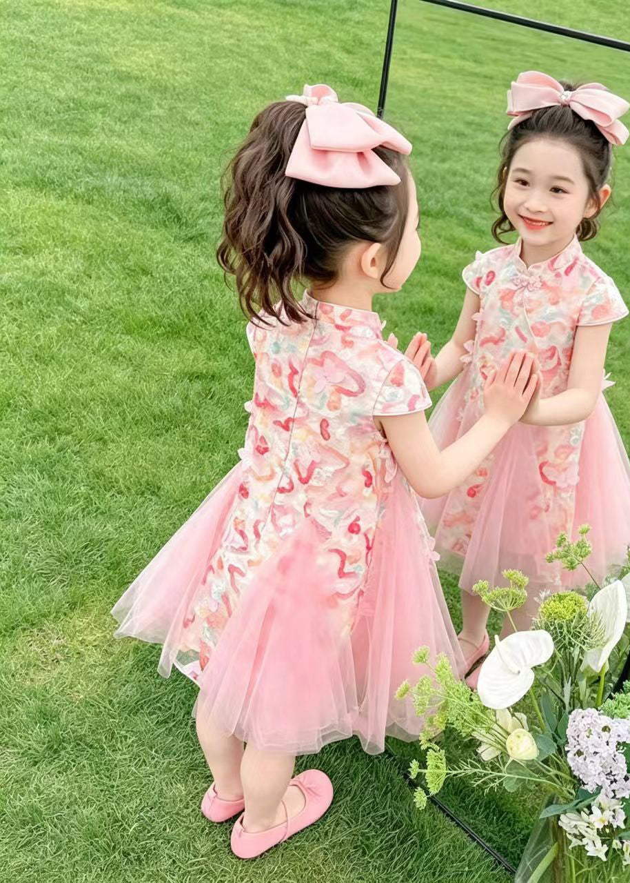 Elegant Pink Butterfly Patchwork Tulle Kids Girls Oriental Dresses Summer