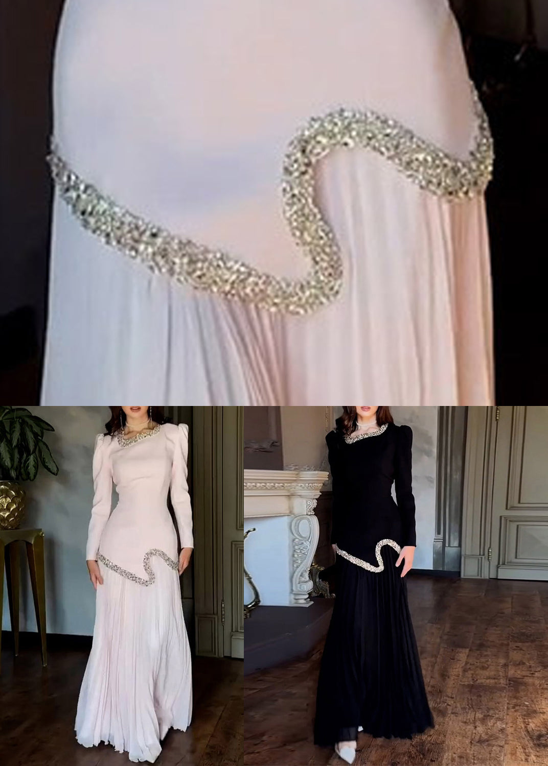 Elegant Pink Nail Bead Tops And Wrinkled Skirts Chiffon Two Pieces Set