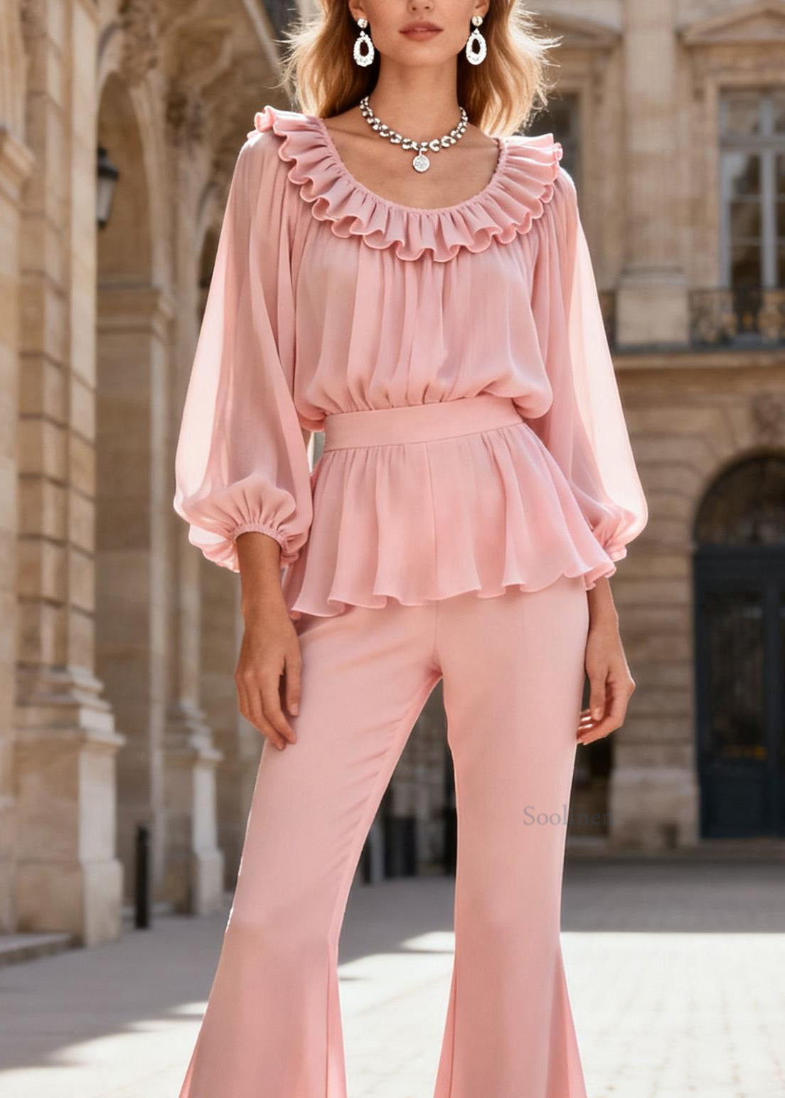 Elegant Pink O-Neck Ruffled Patchwork Silk Two Piece Set Spring