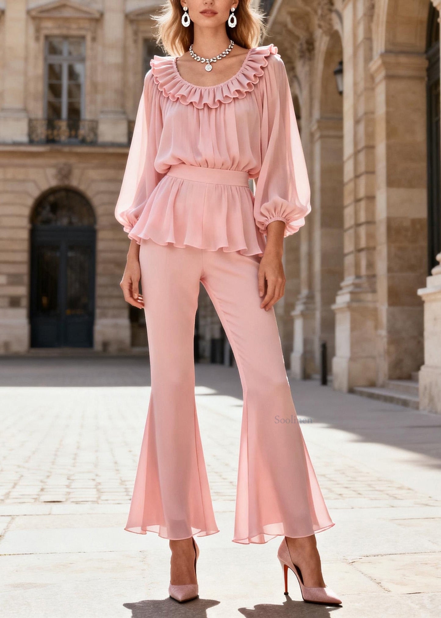 Elegant Pink O-Neck Ruffled Patchwork Silk Two Piece Set Spring