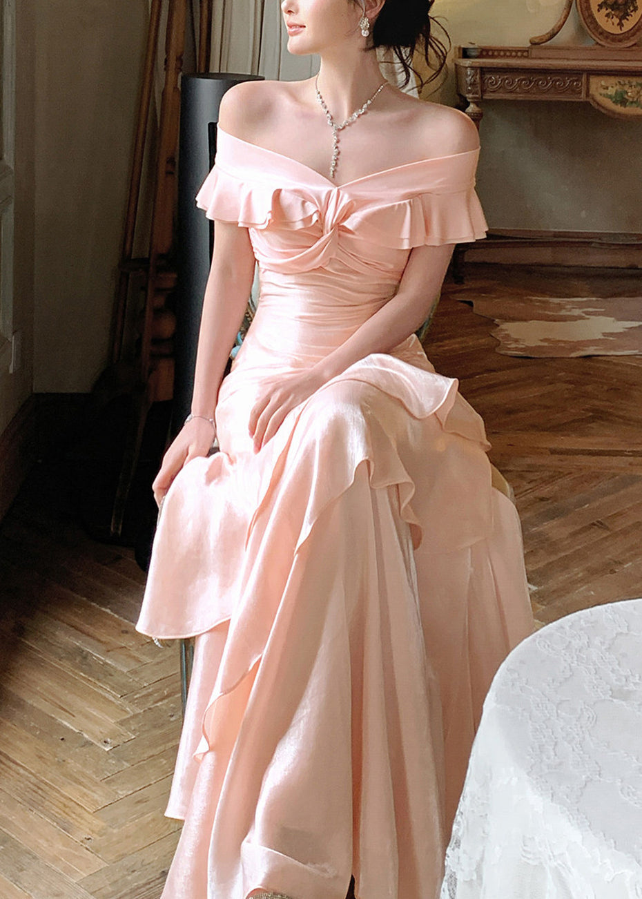 Elegant Pink Slash Neck Cinched Asymmetrical Ruffled Long Dresses Short Sleeve