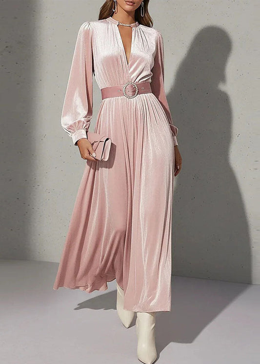 Elegant Pink V Neck Patchwork Velvet Maxi Dress Fall