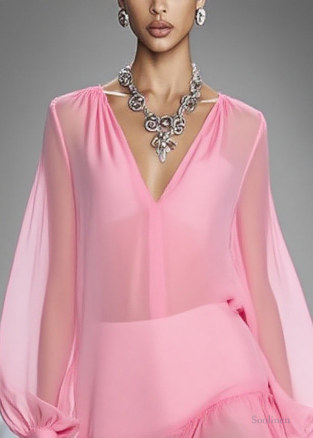 Elegant Pink V Neck Wrinkled Tulle Mid Dress Spring