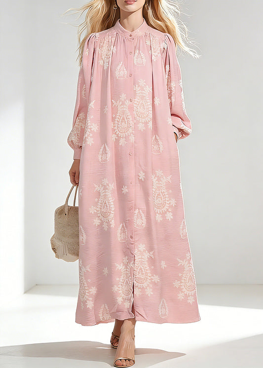 Elegant Pink Wrinkled Butto Long Dress Spring