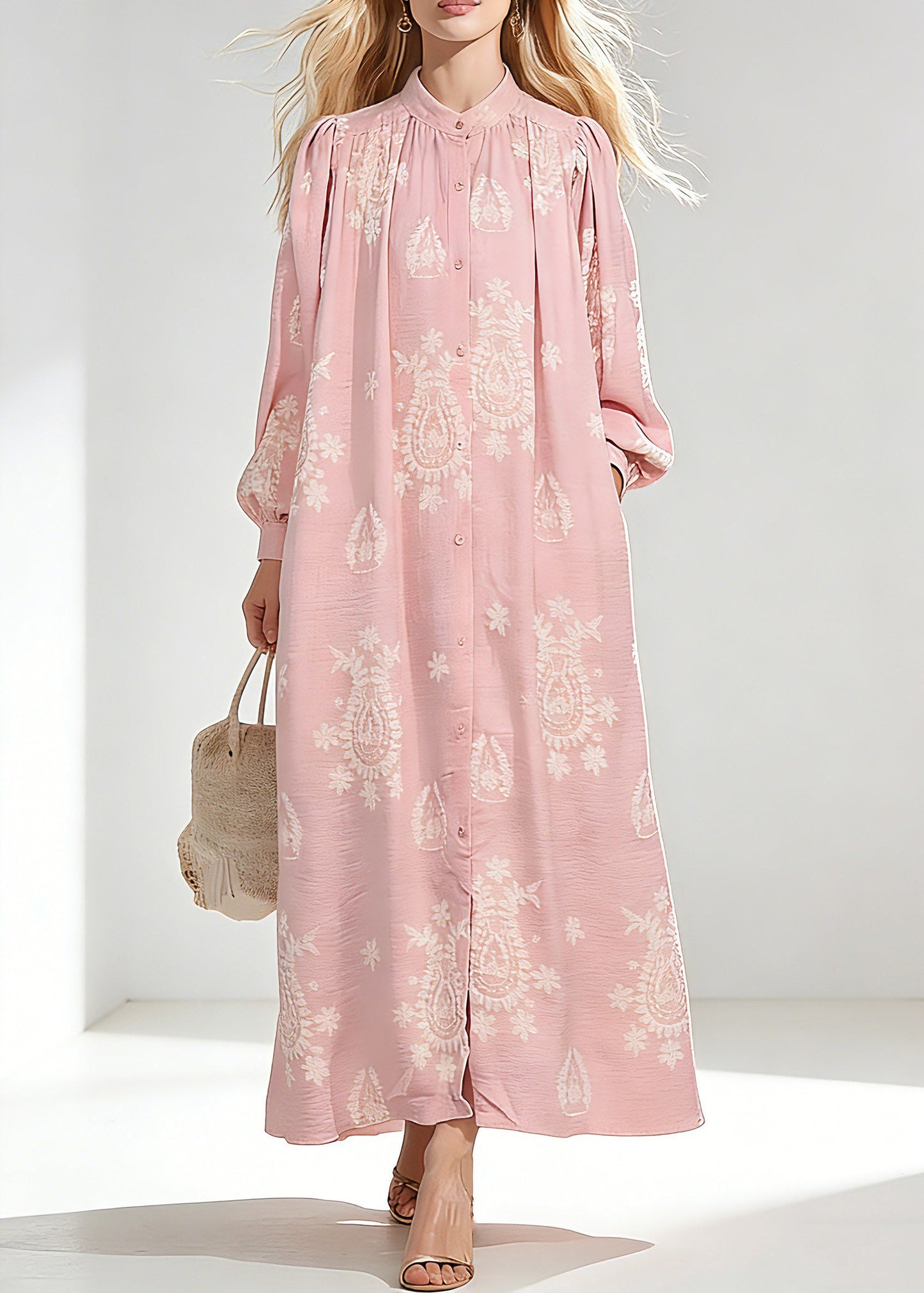 Elegant Pink Wrinkled Butto Long Dress Spring
