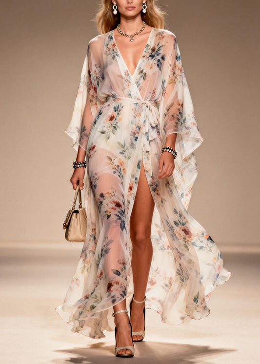 Elegant Print Side Open Lace Up Chiffon Dresses Summer