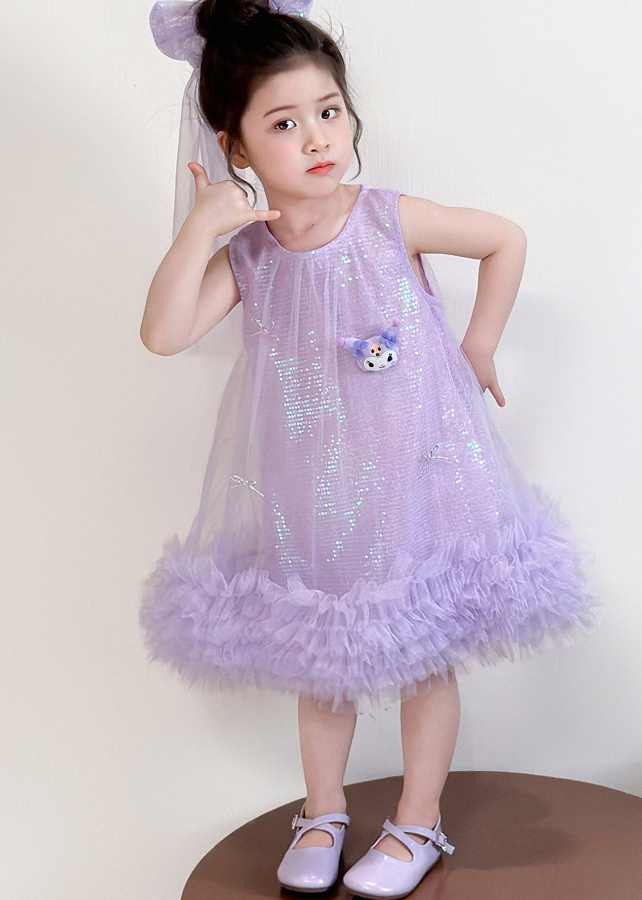 Elegant Purple O-Neck Patchwork Sequins Tulle Girls Party Maxi Dress Sleeveless