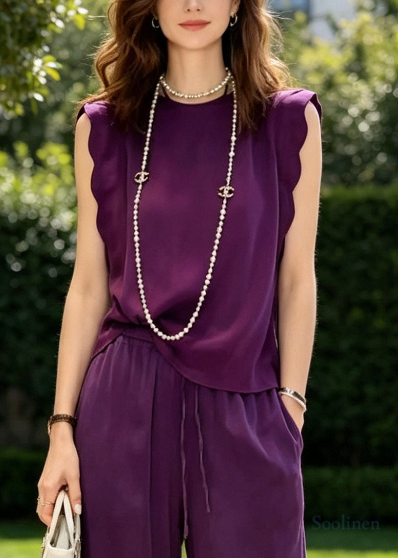 Elegant Purple Oversized Draping Cotton Two Pieces Set Sleeveless